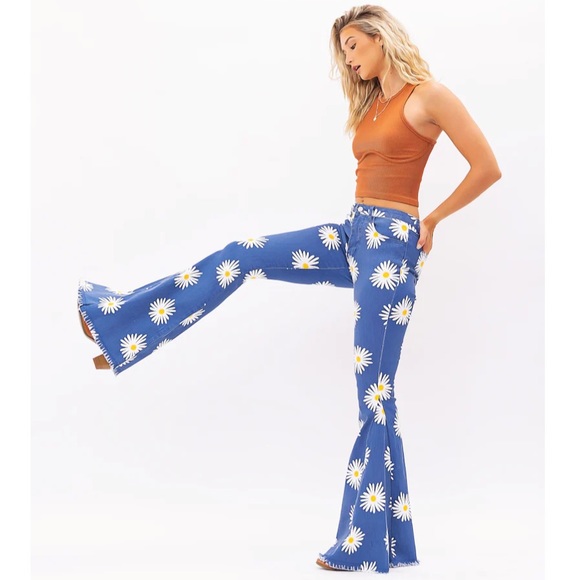Daisy flower flare bell bottoms blue Jeans high waisted 70’s retro pants - Picture 5 of 9